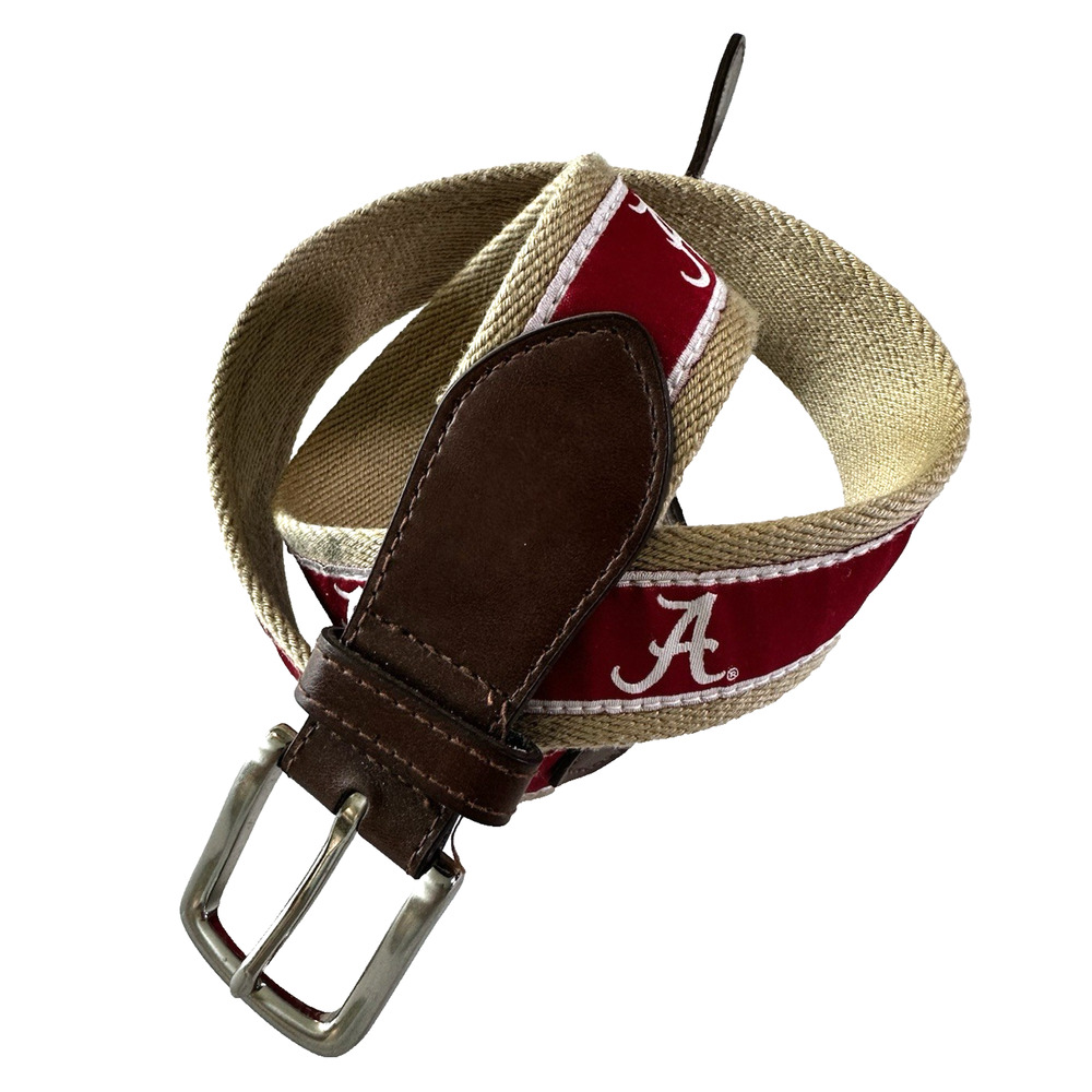 University Of Alabama Crimson Tide Web Ribbon Canvas & Leather Belt Red Sz32/80